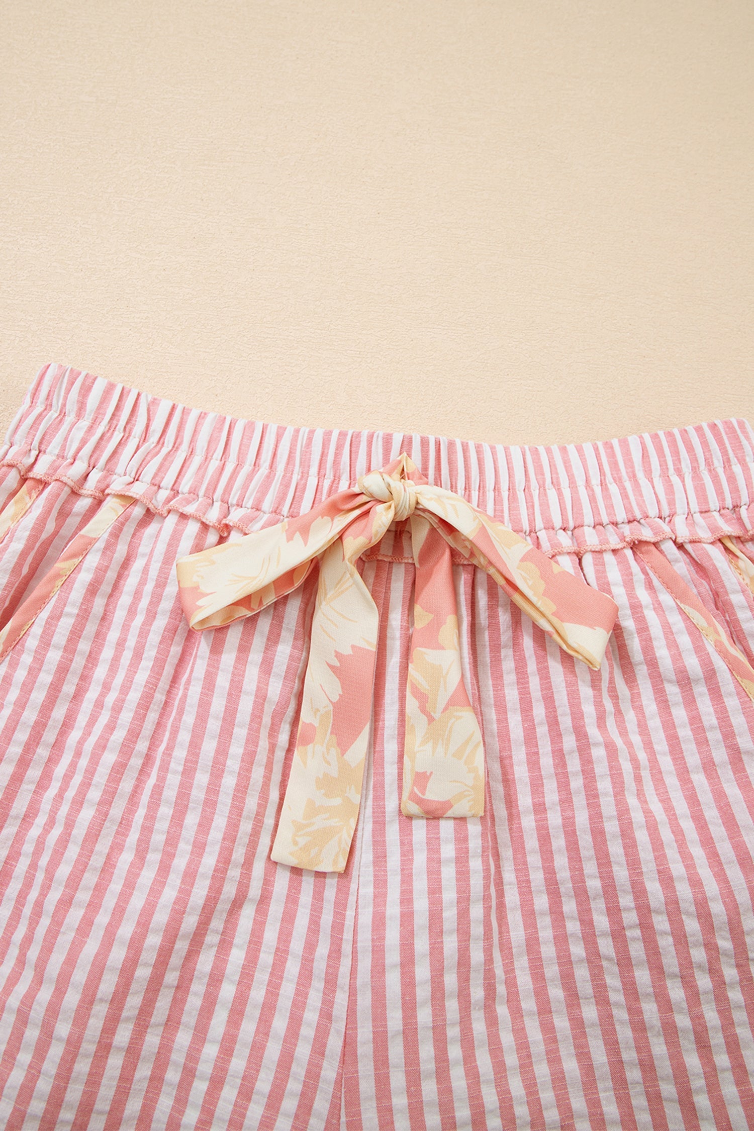 Stripe Floral Trim Ribbon Drawstring Waist Shorts