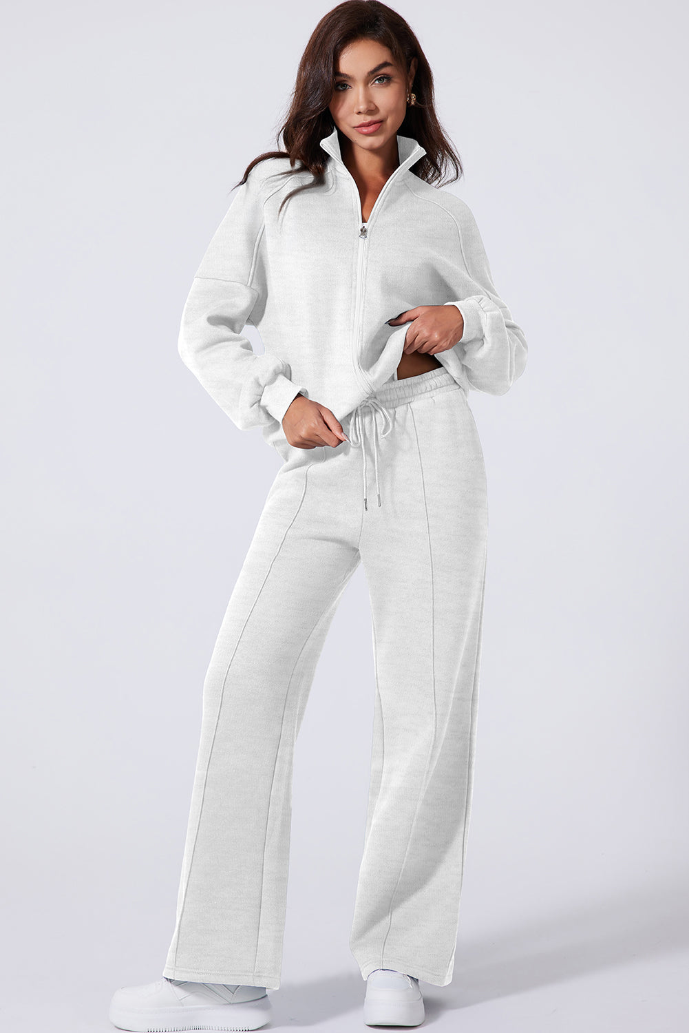 Solid Zip-Up Jacket and Drawstring Pants Set
