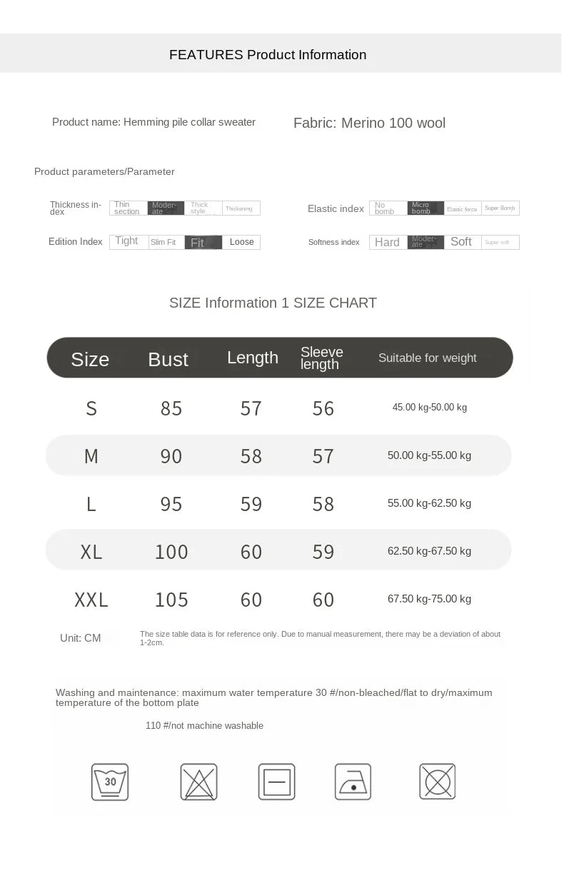 New 100% Merino Wool Turtleneck Cashmere Sweater