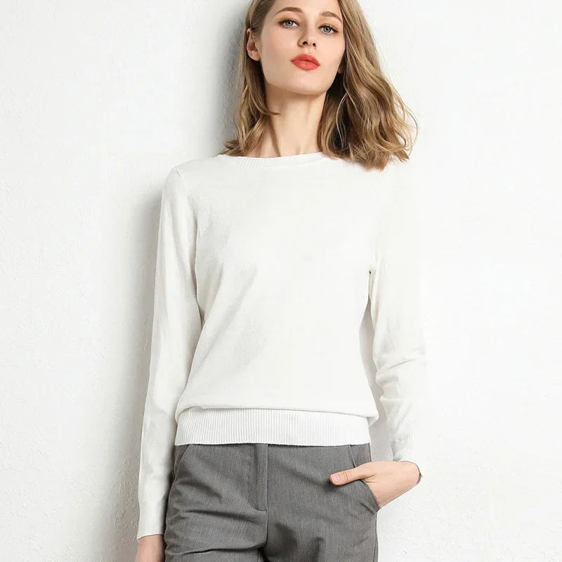 Women's Slim O-Neck Cashmere Wool Blend Sweater Trendy