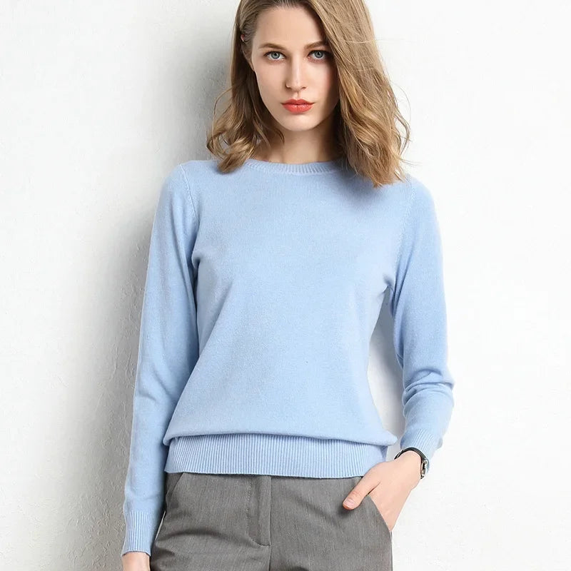 Women's Slim O-Neck Cashmere Wool Blend Sweater Trendy