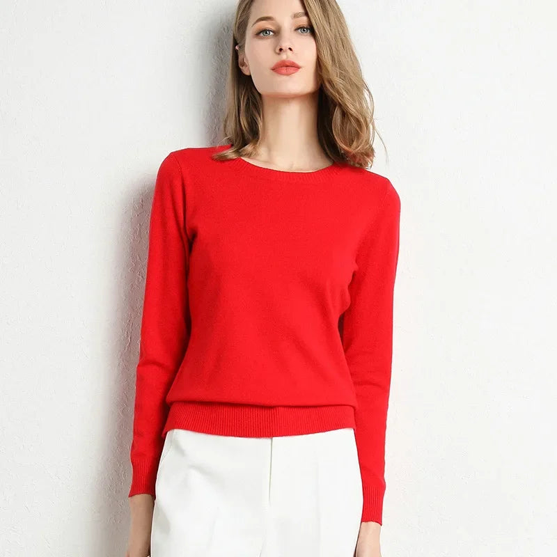 Women's Slim O-Neck Cashmere Wool Blend Sweater Trendy