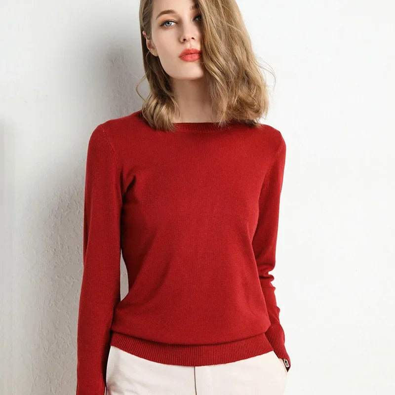 Women's Slim O-Neck Cashmere Wool Blend Sweater Trendy