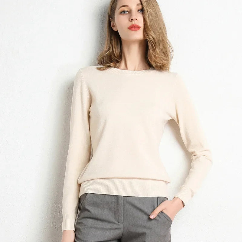 Women's Slim O-Neck Cashmere Wool Blend Sweater Trendy