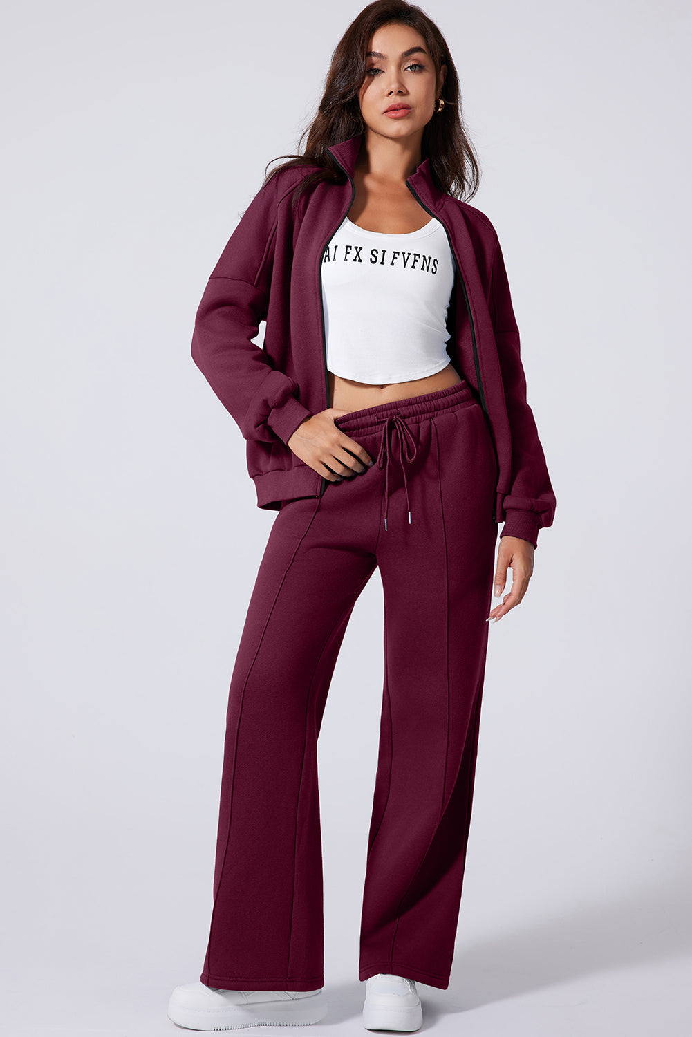Solid Zip-Up Jacket and Drawstring Pants Set