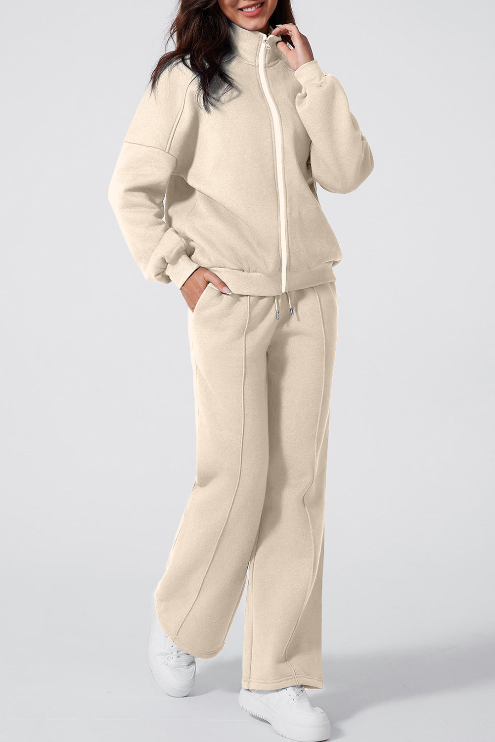 Solid Zip-Up Jacket and Drawstring Pants Set