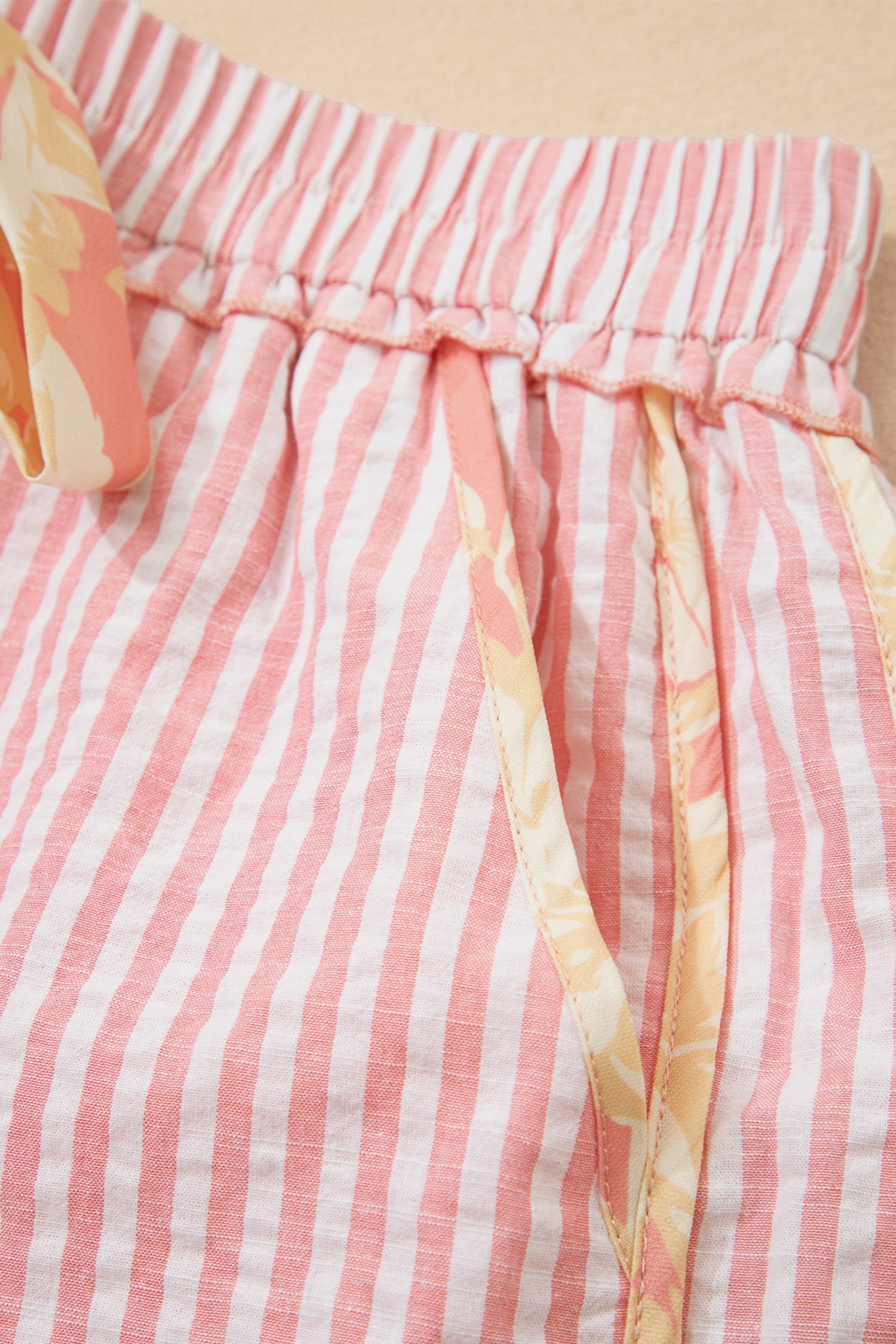 Stripe Floral Trim Ribbon Drawstring Waist Shorts