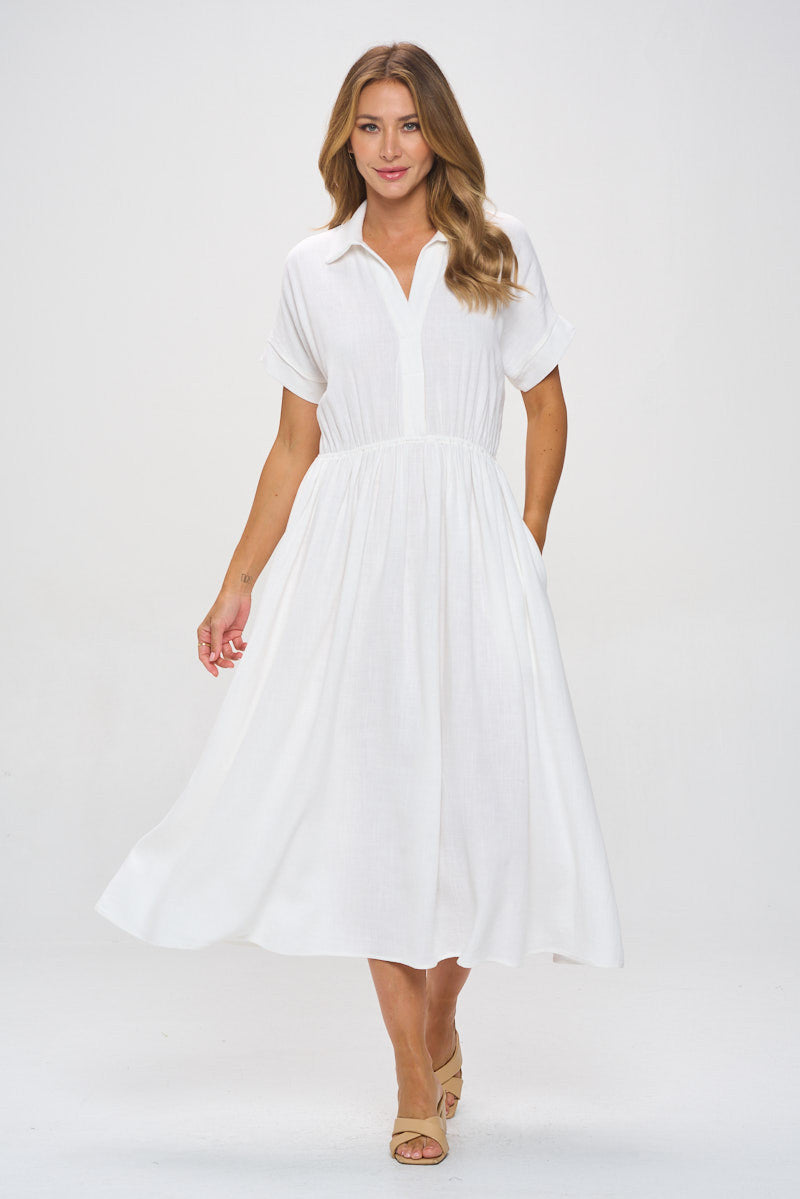Linen Solid Collared V neck Dress with Pockets