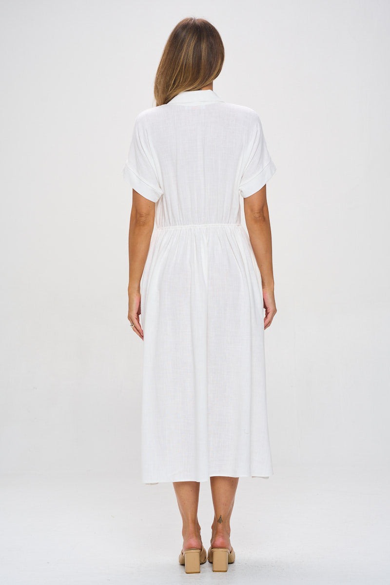 Linen Solid Collared V neck Dress with Pockets