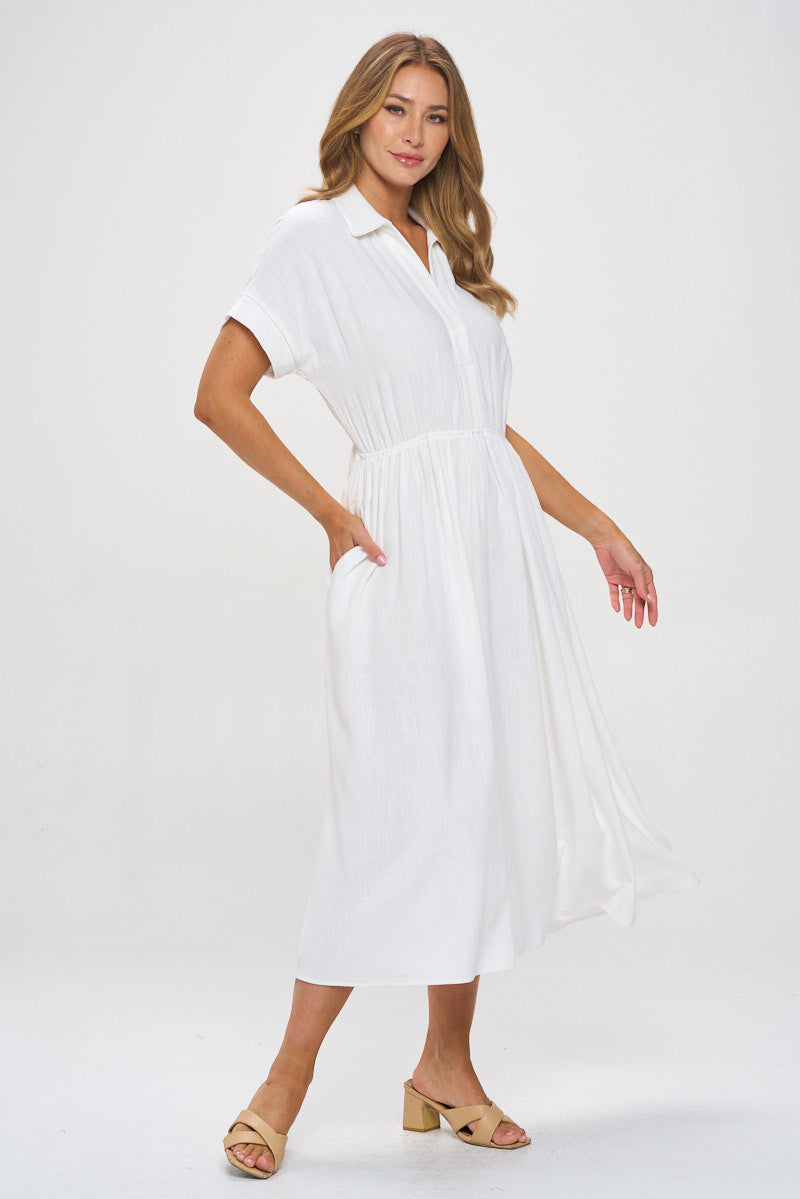 Linen Solid Collared V neck Dress with Pockets