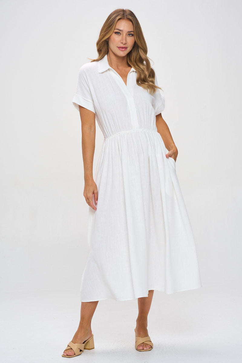 Linen Solid Collared V neck Dress with Pockets