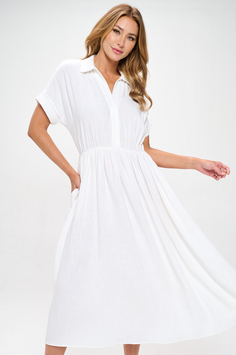 Linen Solid Collared V neck Dress with Pockets